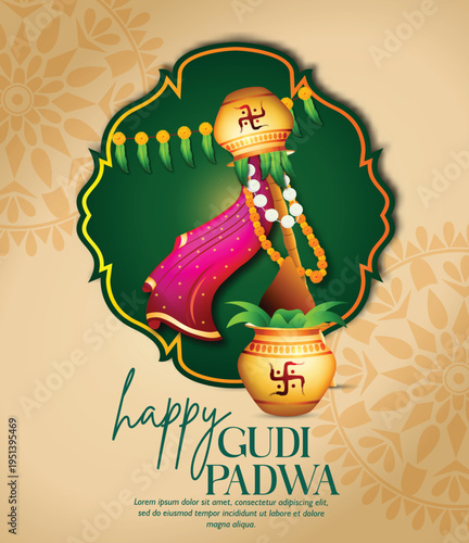 Greeting card with Kalash and traditional celebration  Indian New Year festival Gudi Padwa. Vector illustration.
