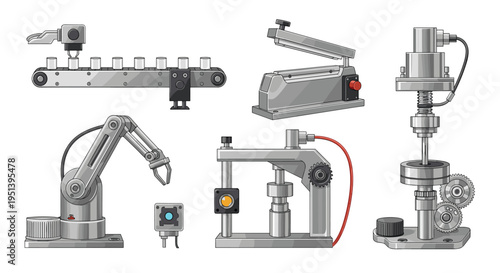 A collection of five distinct grey industrial machines and components, including a conveyor, a sealing machine, and a robotic arm, are displayed.