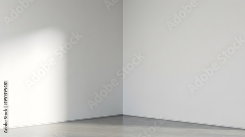An empty interior corner of a modern room with white walls a concrete floor and subtle light and shadow play