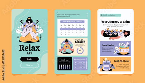 Meditation Mobile App Interface Screens Flat Cartoon Style