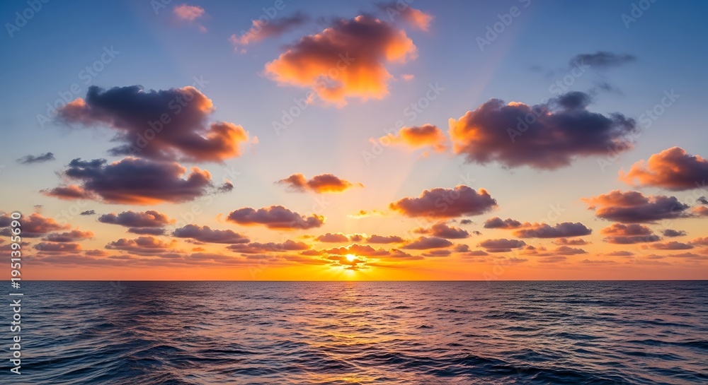Fototapeta premium Vibrant Sunset Over the Ocean with Dramatic Clouds.