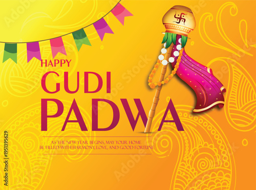 Greeting card with Kalash and traditional celebration  Indian New Year festival Gudi Padwa. Vector illustration.