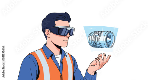 A man wearing an orange safety vest and VR glasses observes a floating holographic jet engine projection above his open hand.