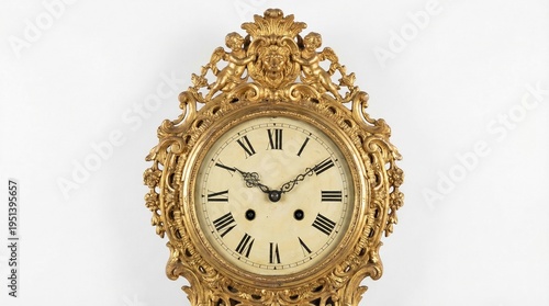 Bild auf Leinwand Intricately designed antique gold clock with roman numerals on white face and or