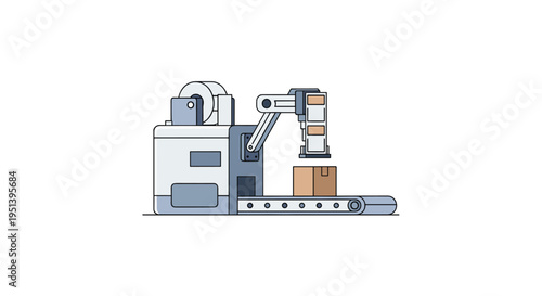 An automated packaging machine with a robotic arm places a brown cardboard box onto a conveyor belt in a clean white industrial setting.