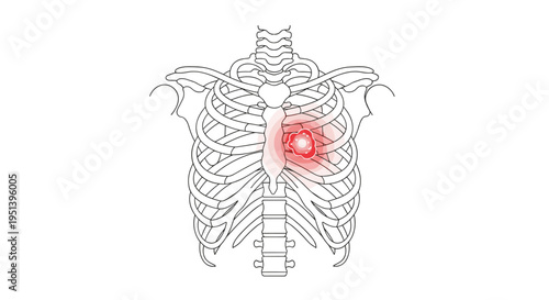 A line-art anatomical illustration outlines a human rib cage with a prominent red, glowing mass highlighted within the upper right chest.