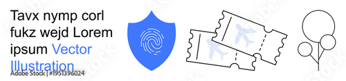 Cybersecurity, identity verification, ticketing, fraud prevention, entertainment, recreation. A shield with fingerprint, two tickets and balloons. Cybersecurity and identity verification