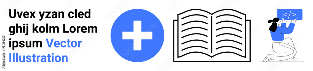 Obraz premium Education, healthcare, technology, learning, coding, software development. A blue medical cross, an open book and a person coding. Education and healthcare in the design