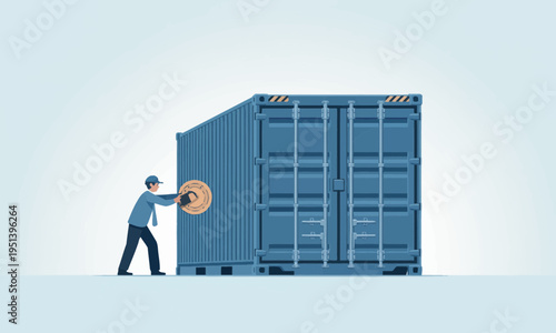 Worker Securing Blue Shipping Cargo Container for Global Transport