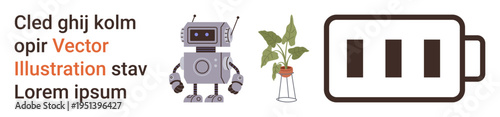 Robotics, technology, sustainability, energy, artificial intelligence, eco-design. A robot character, a potted plant in a vase a battery icon and placeholder text. Robotics and energy explored