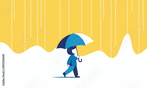 Minimalist illustration of person walking with umbrella in rain