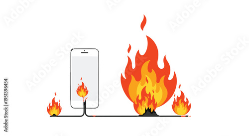 A white smartphone with flames emerging from its charging port is connected by a black cable to a large fire and two smaller fires on a white background.