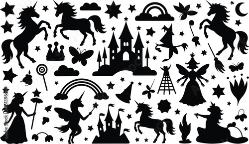 Fairy Tale Fantasy Silhouette Set with Unicorns Castle Fairies Stars Rainbow Magic Elements Vector Collection