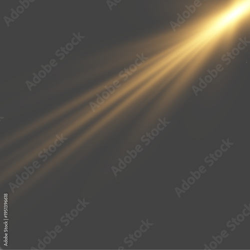 Diagonal golden spotlight beam with radiant rays on dark background