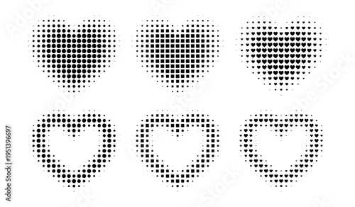 Heart shape frame with halftone dots creates romantic love pattern. Retro gradient effect with manga style texture perfect for Valentines Day designs and digital graphics.