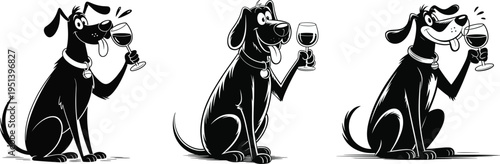 Funny cartoon dog holding wine glass illustration set isolated on white background playful pet character design for humor, party, celebration concept
