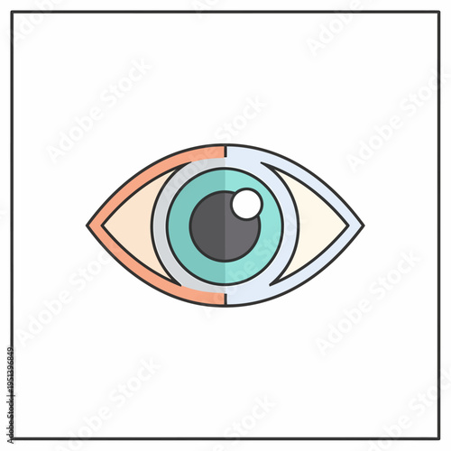 Stylized flat design illustration of a human eye with a split-color sclera and a light blue iris.