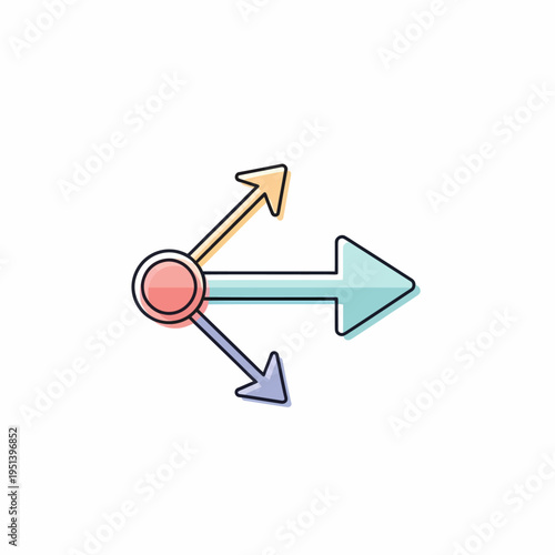 Colorful icon depicting three directional arrows originating from a central pivot point, illustrating movement or transformation.