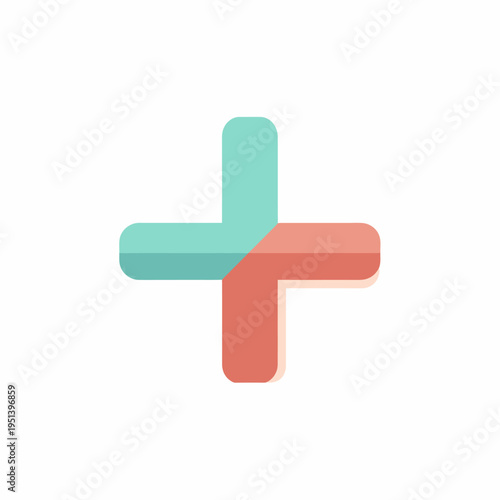 A stylized plus sign icon with rounded edges, featuring a two-tone design where opposing quadrants are teal and coral, set against a white background.