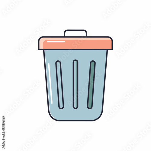 Simple cartoon illustration of a light blue trash can with a peach lid, depicting waste disposal and recycling.