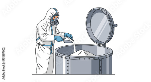 A person in a white hazmat suit and gas mask pours white powder with a scoop into a large open metal vat on a white background.