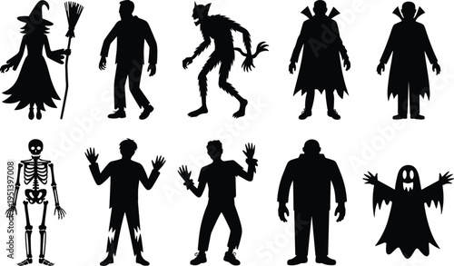 Halloween monster silhouette vector set, spooky witch zombie werewolf vampire ghost skeleton icons isolated on light background design