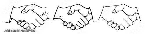 Handshake set with single line hand drawn illustration featuring handshake, agreement, introduction with banner and single line