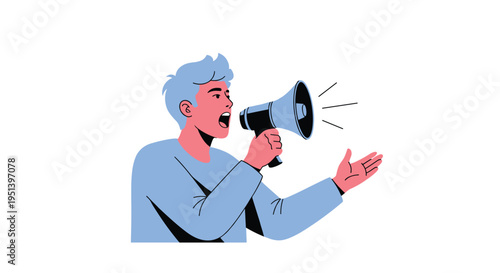 A stylized man in a blue shirt holds a dark blue megaphone and shouts loudly on a clean white background.