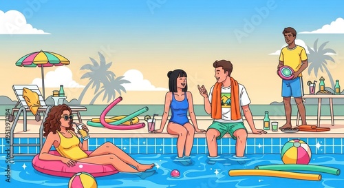 Friends Enjoying Summer Pool Party with Drinks and Fun Activities