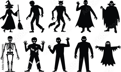 Halloween silhouette characters vector set, spooky witch zombie werewolf vampire ghost skeleton icons isolated on light background design