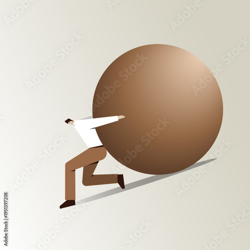 Conceptual illustration of a man pushing a large heavy sphere uphill, symbolizing struggle, perseverance, workload, and resilience in the face of challenges and pressure