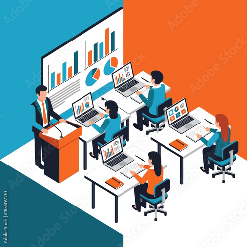 Isometric view of a business training session with a presenter and attendees using laptops.