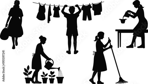 Household chores and daily life activities silhouettes set with laundry, cleaning, watering plants and cooking isolated on white background for domestic lifestyle design