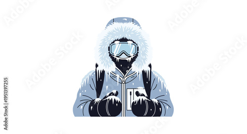 A stylized person in a fur-lined winter parka with ski goggles and icicles is depicted on a plain white background.