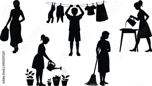 Household daily life activities silhouettes set with cleaning, watering plants, washing clothes and ironing isolated on white background for domestic lifestyle design