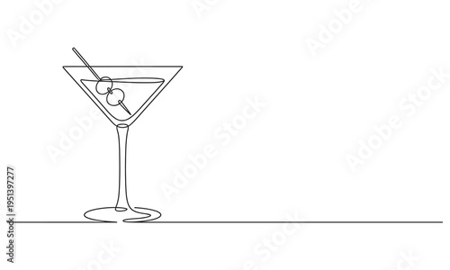 Continuous one line drawing of a martini glass. Cocktail drink continuous one line drawing. one line Icon drawing with white background