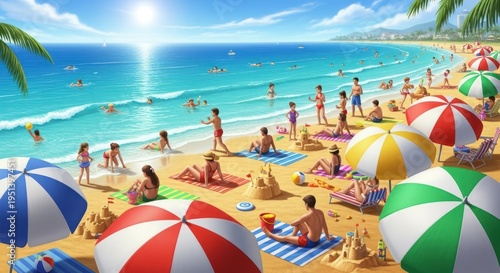 Vibrant Beach Scene: People Enjoying Summer Vacation Under Colorful Umbrellas