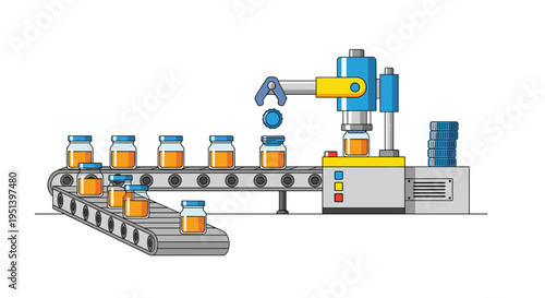 An automated industrial bottling machine fills and caps glass jars with orange liquid on a conveyor belt in a clean manufacturing setting.