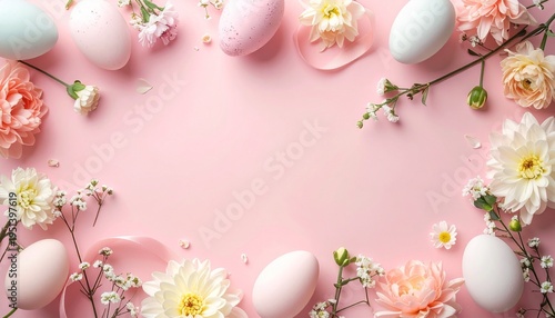 Delicate pastel Easter eggs and fresh spring flowers beautifully framing a soft pink background, ideal for festive seasonal greetings, holiday promotions, and cheerful springtime designs