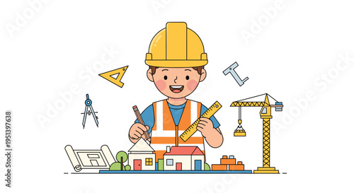 A young boy in a hard hat and safety vest draws on a blueprint surrounded by construction elements on a white background.