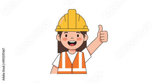 A smiling young girl in a yellow hard hat and orange safety vest gives a thumbs-up gesture on a white background.