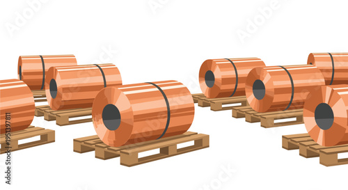 Several large copper-colored metal coils are neatly stacked on wooden pallets against a clean white background.