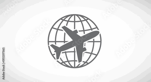 Gray airplane icon flying around a globe on a white background with a subtle gradient effect.