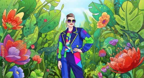 Retro Fashion Model in Vibrant Jungle Garden, 80s Style Outfit