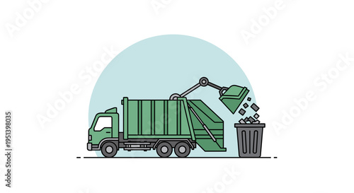Green garbage truck lifting dumpster.