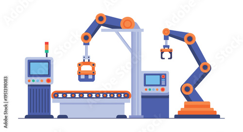 An automated factory production line with two robotic arms and a conveyor belt system operates against a white background.