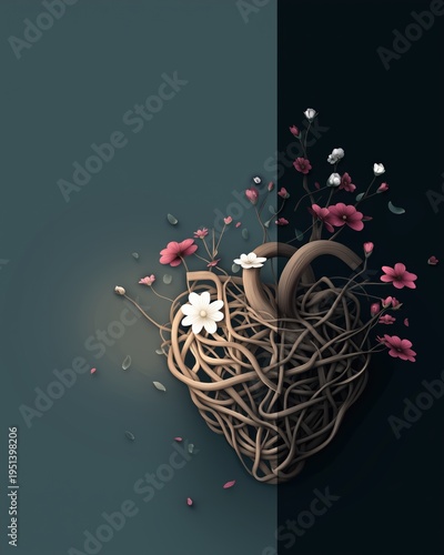Creative design showcases a heart shape made from woven branches with flowers on a soft green background during daylight