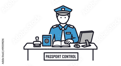 passport control officer at desk.
