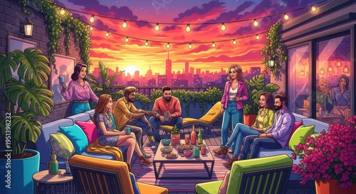 Friends Gather on Rooftop Patio at Sunset, City Skyline View, String Lights