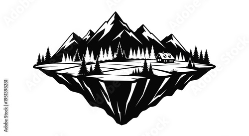 Floating island with mountain range and cabin a striking silhouette